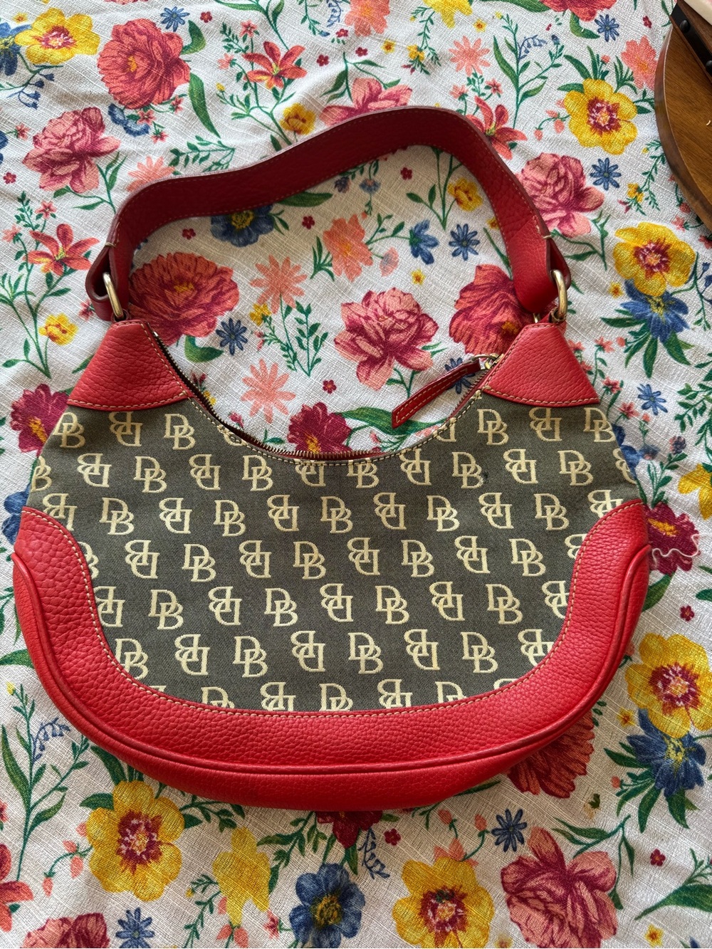 Dooney & Bourke Red and Gray Monogram Crescent Satchel
